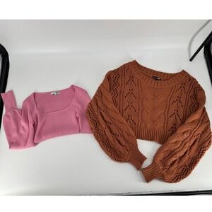 Fashion Nova Pink Ribbed Square Neck Long Sleeve Cropped Top Womens Size S